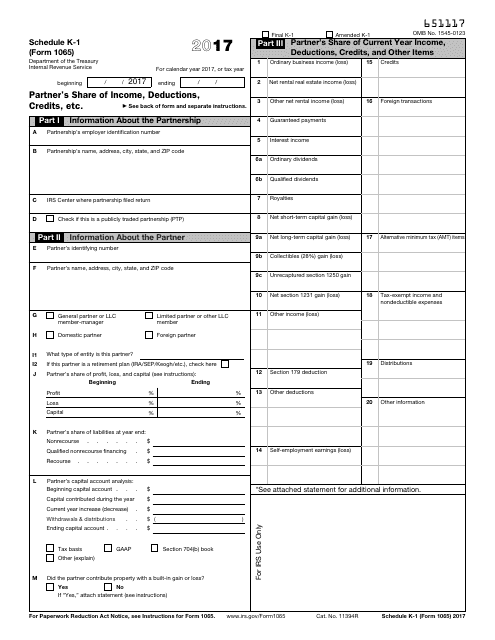 IRS Form 1065 Schedule K-1 2017 Printable Pdf