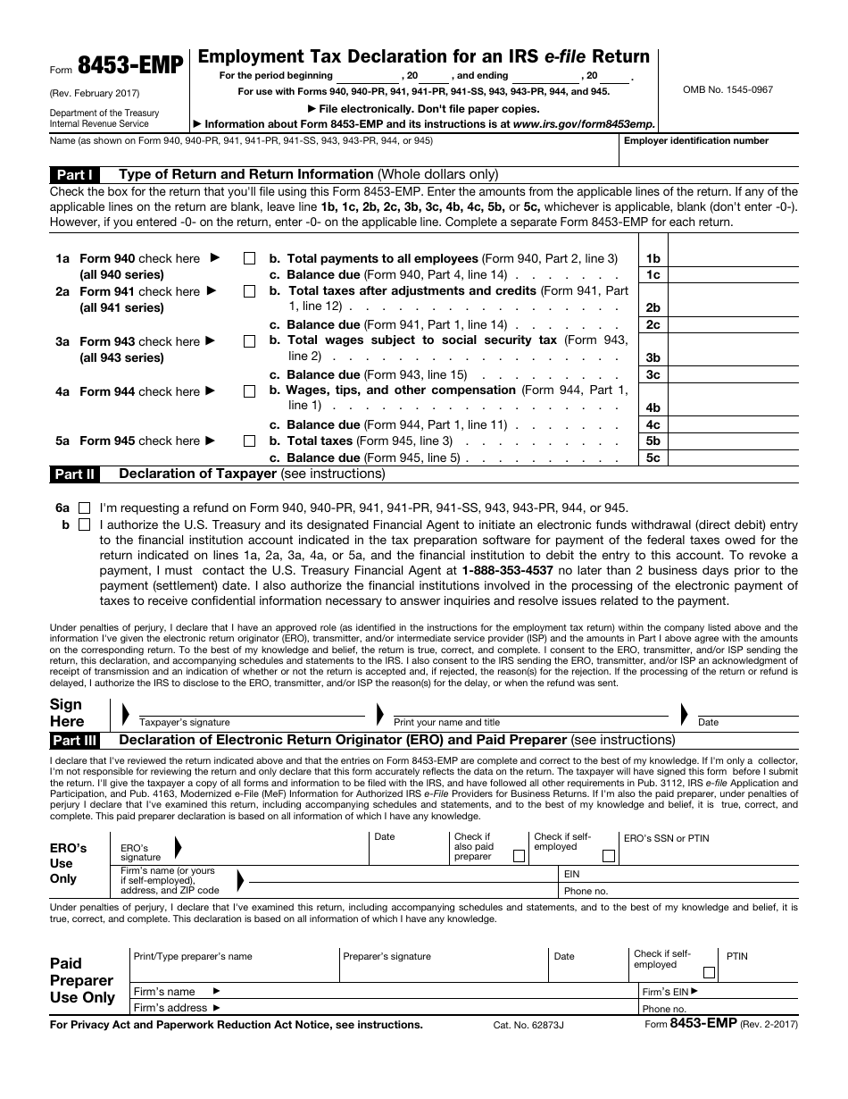 IRS Form 8453-EMP Employment Tax Declaration for an IRS E-File Return, Page 1