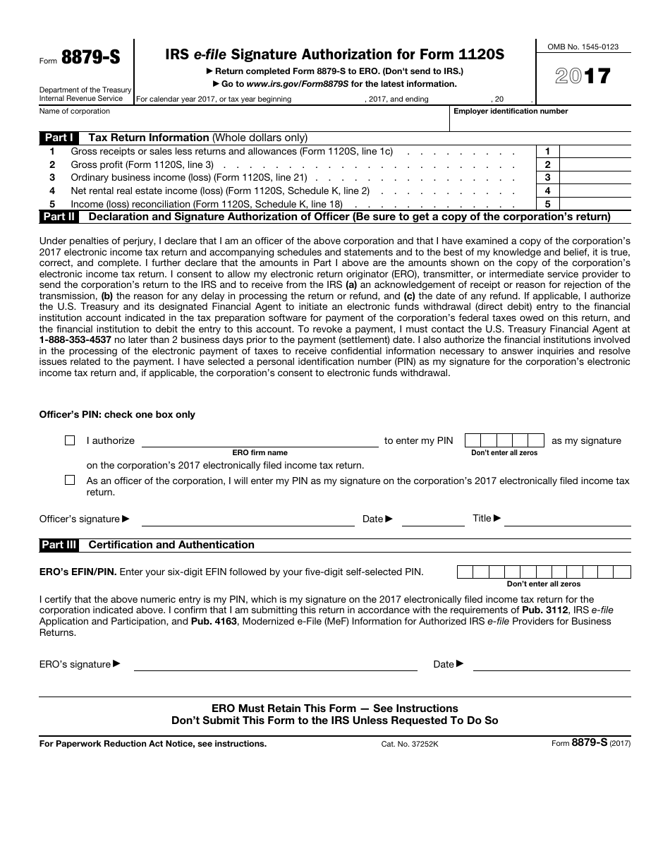 IRS Form 8879-S IRS E-File Signature Authorization for Form 1120s, Page 1