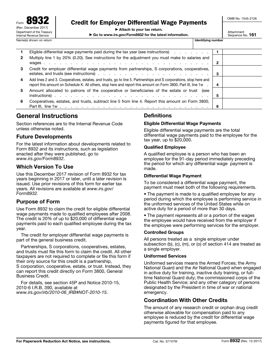 IRS Form 8932 Credit for Employer Differential Wage Payments, Page 1