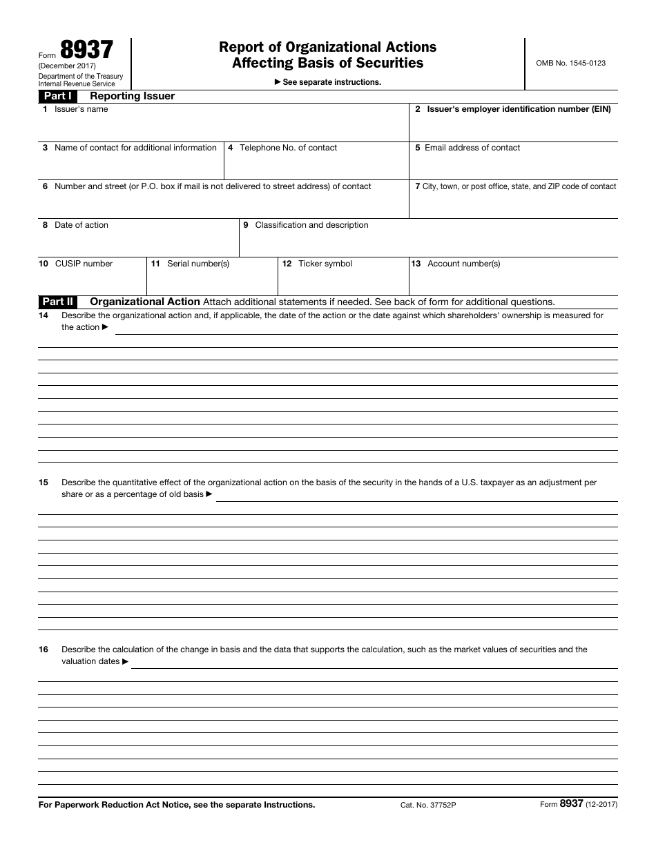 IRS Form 8937 Report of Organizational Actions Affecting Basis of Securities, Page 1