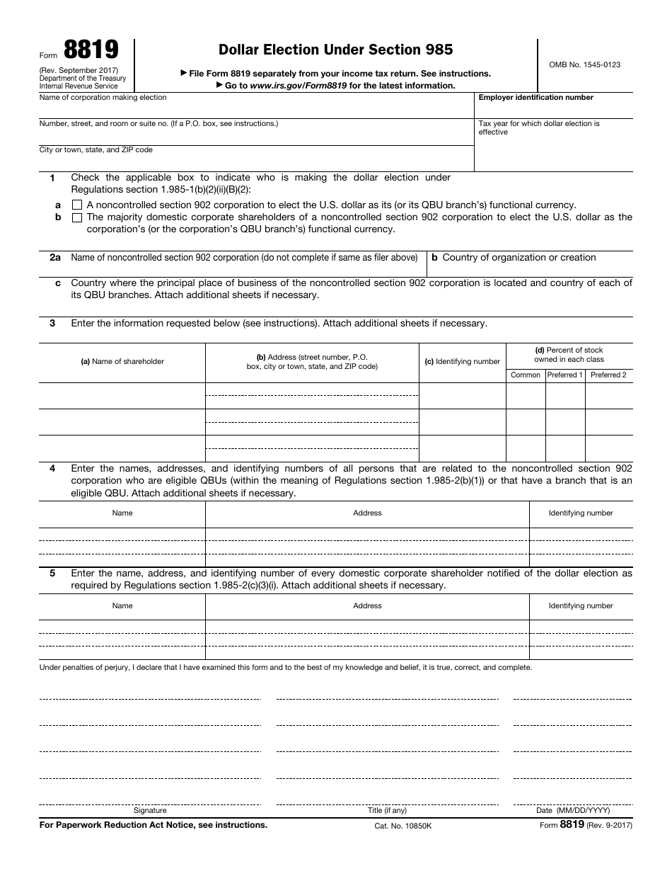 IRS Form 8819 Dollar Election Under Section 985, Page 1