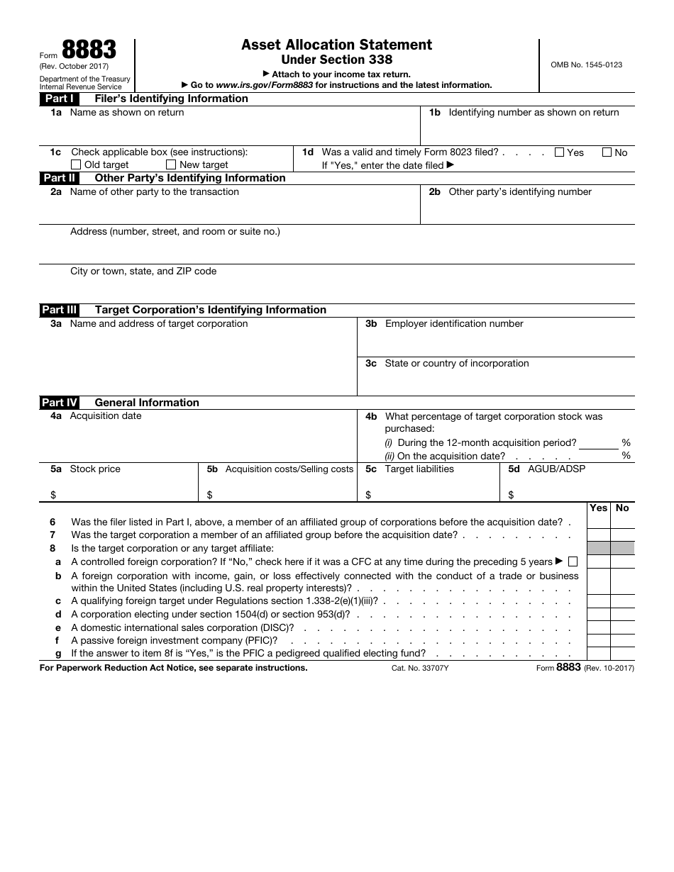 IRS Form 8883 Asset Allocation Statement Under Section 338, Page 1