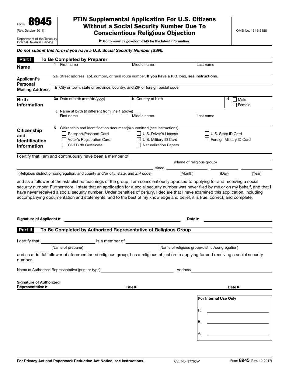 IRS Form 8945 Download Fillable PDF or Fill Online Ptin Supplemental