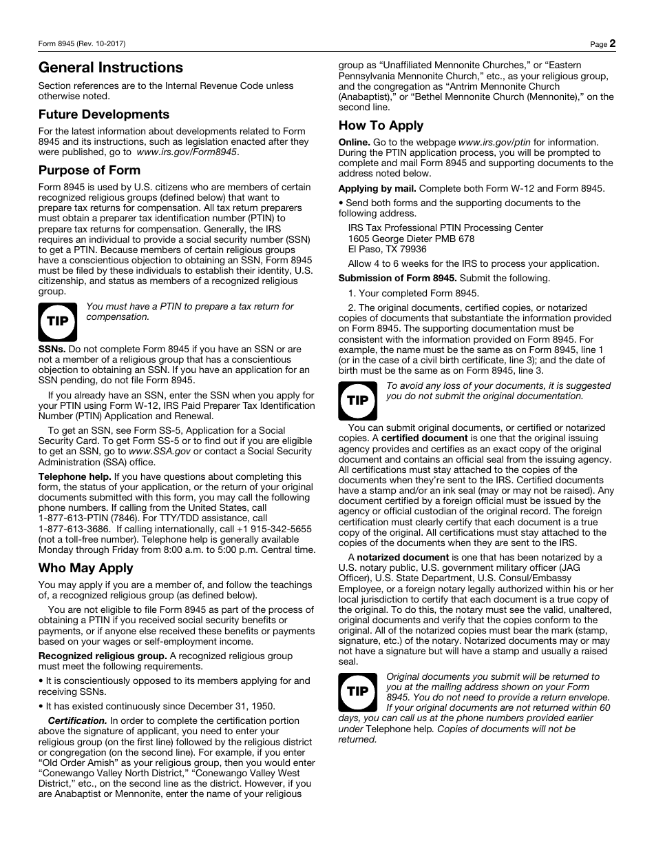 IRS Form 8945 Ptin Supplemental Application for U.S. Citizens Without a Social Security Number Due to Conscientious Religious Objection, Page 2
