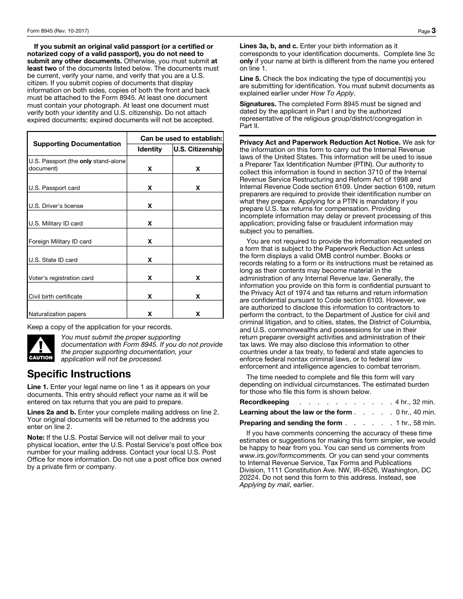 IRS Form 8945 Ptin Supplemental Application for U.S. Citizens Without a Social Security Number Due to Conscientious Religious Objection, Page 3