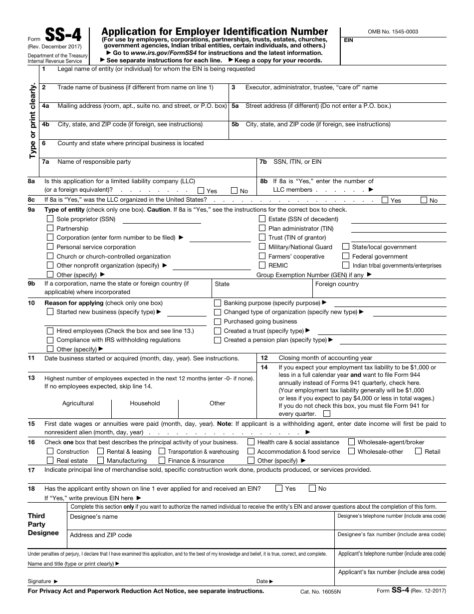 IRS Form SS-4 Application for Employer Identification Number, Page 1