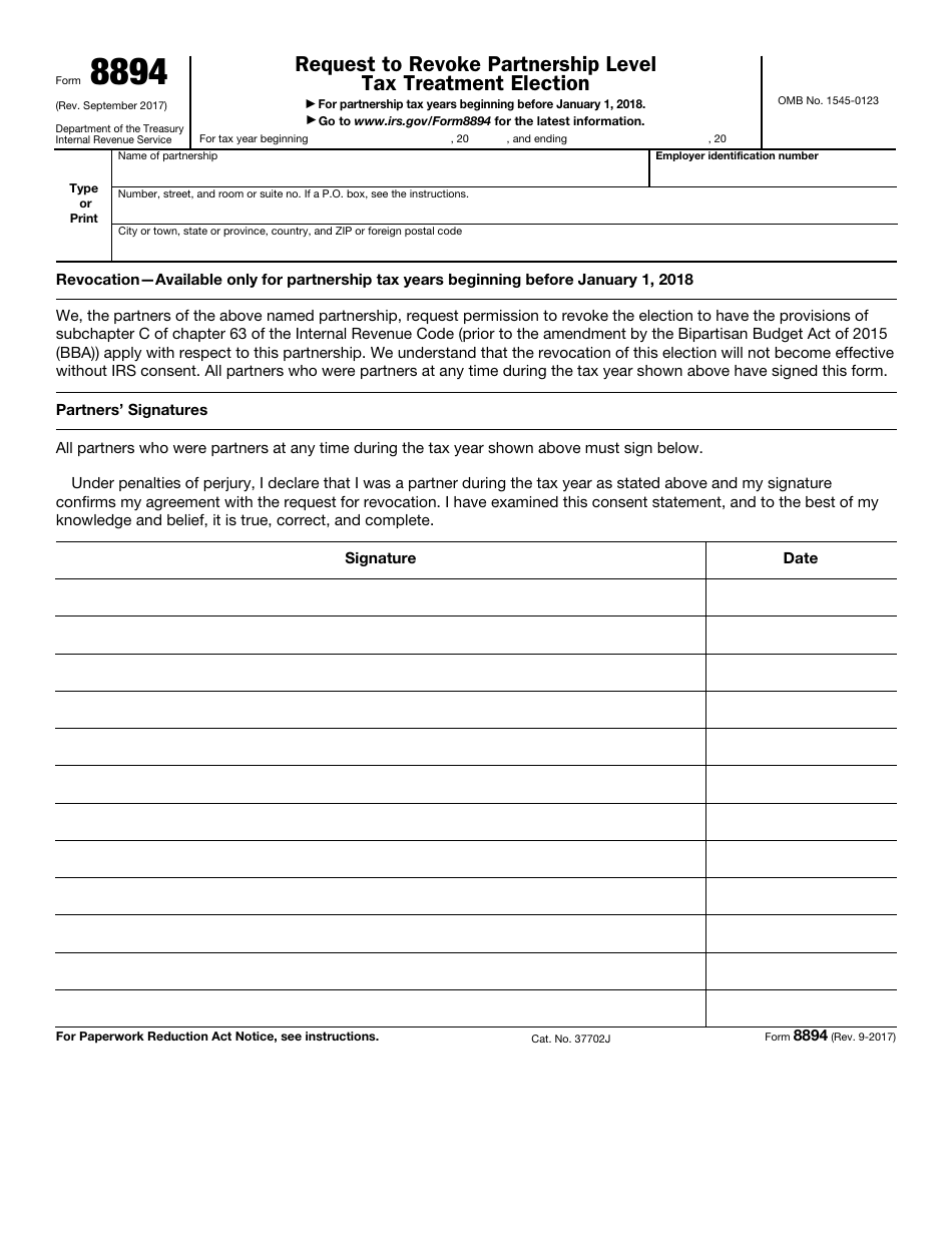 IRS Form 8894 Request to Revoke Partnership Level Tax Treatment Election, Page 1