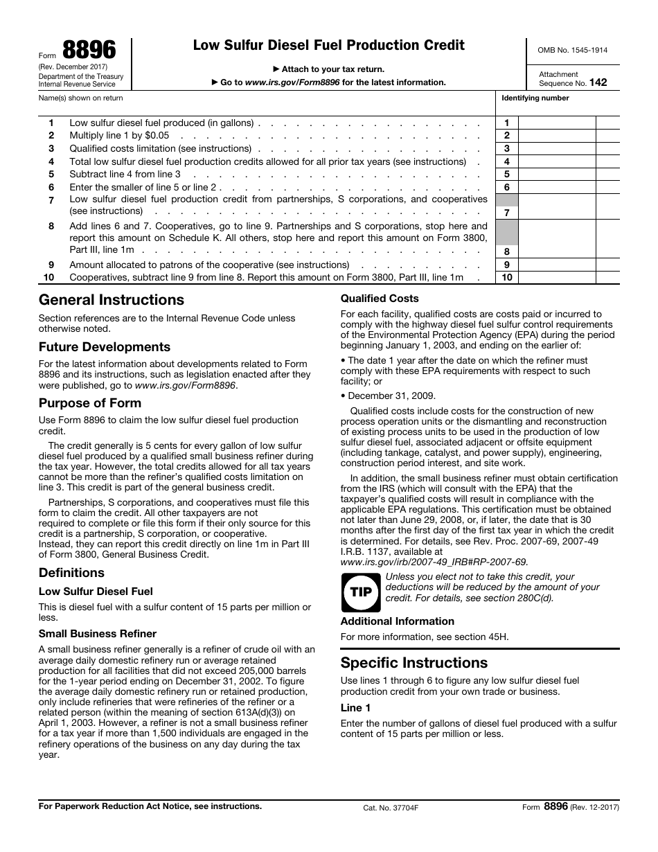 IRS Form 8896 Low Sulfur Diesel Fuel Production Credit, Page 1