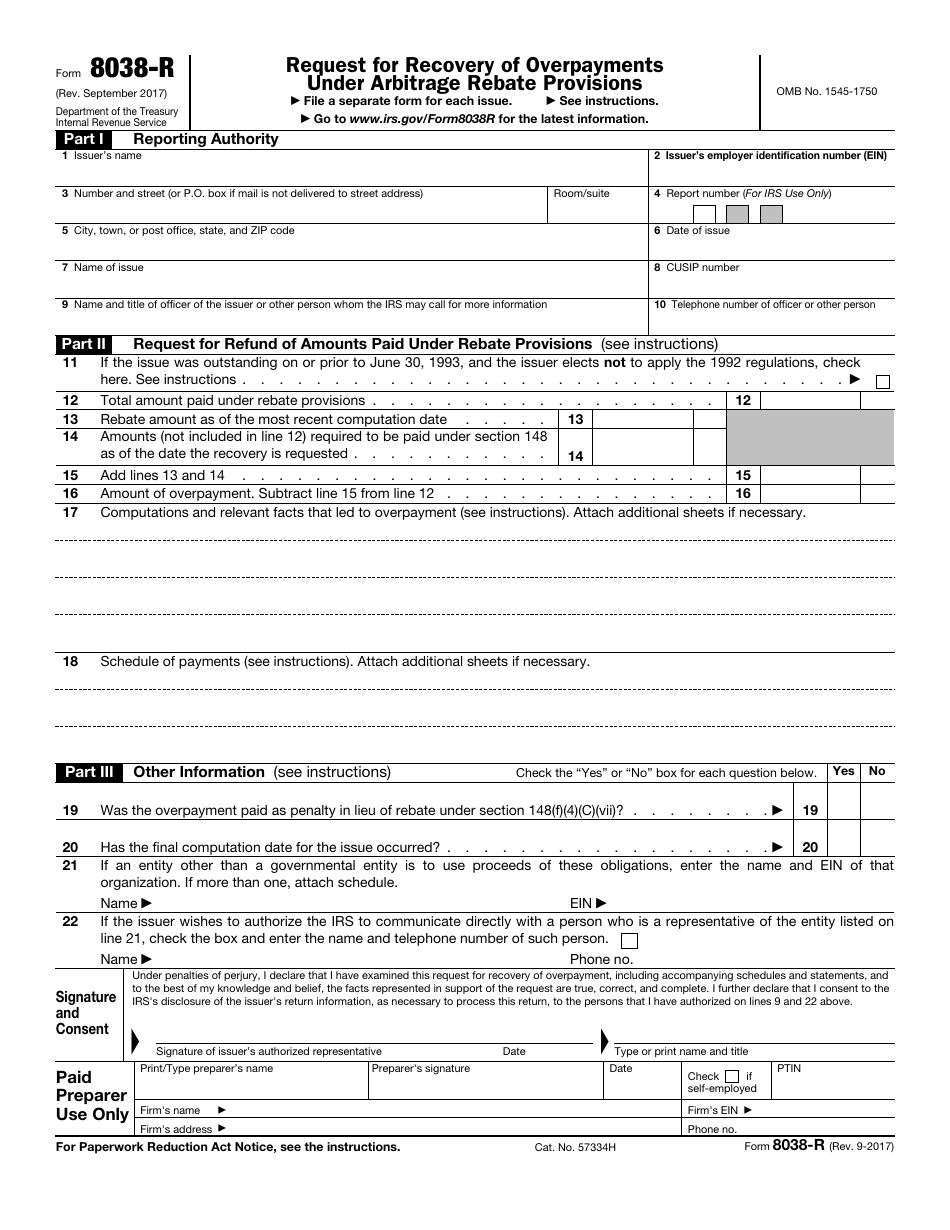 IRS Form 8038-R Request for Recovery of Overpayments Under Arbitrage Rebate Provisions, Page 1