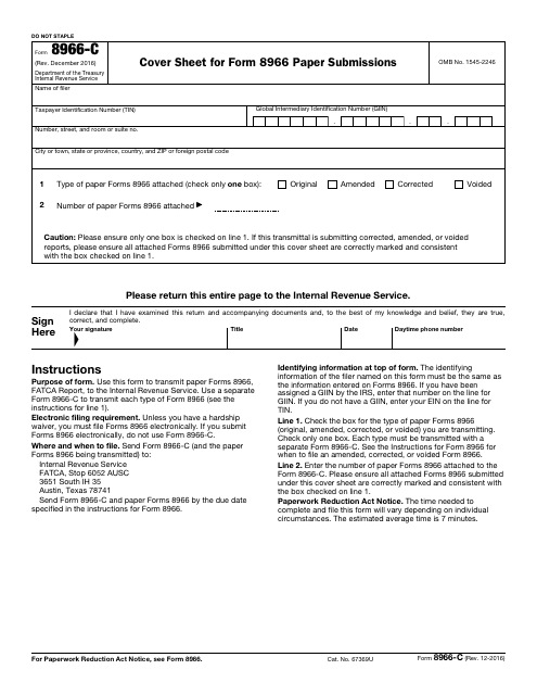 IRS Form 8966-C Cover Sheet for Form 8966 Paper Submissions