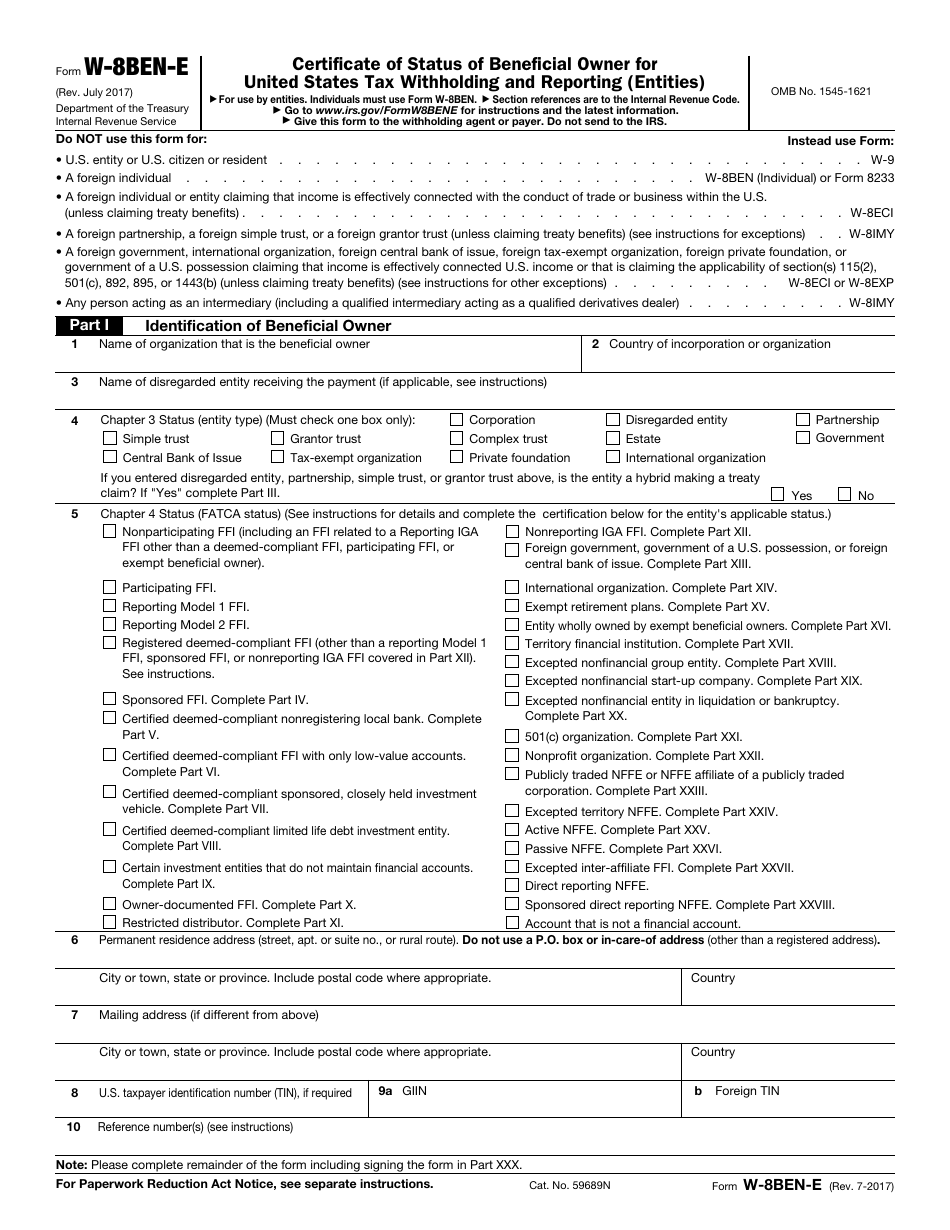 IRS Form W-8BEN-E Certificate of Status of Beneficial Owner for United States Tax Withholding and Reporting (Entities), Page 1