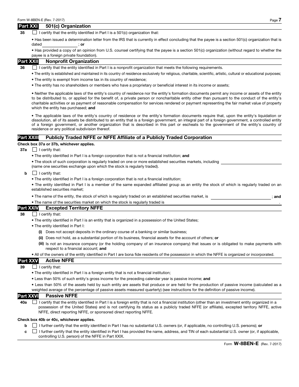 IRS Form W-8BEN-E Certificate of Status of Beneficial Owner for United States Tax Withholding and Reporting (Entities), Page 7