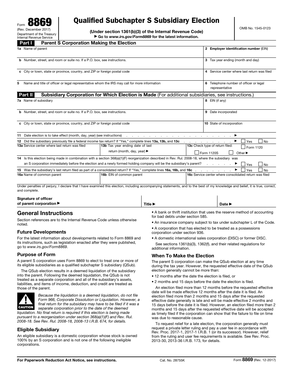 IRS Form 8869 Qualified Subchapter S Subsidiary Election, Page 1