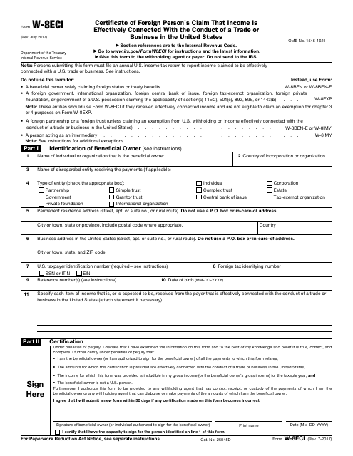 IRS Form W-8ECI  Printable Pdf