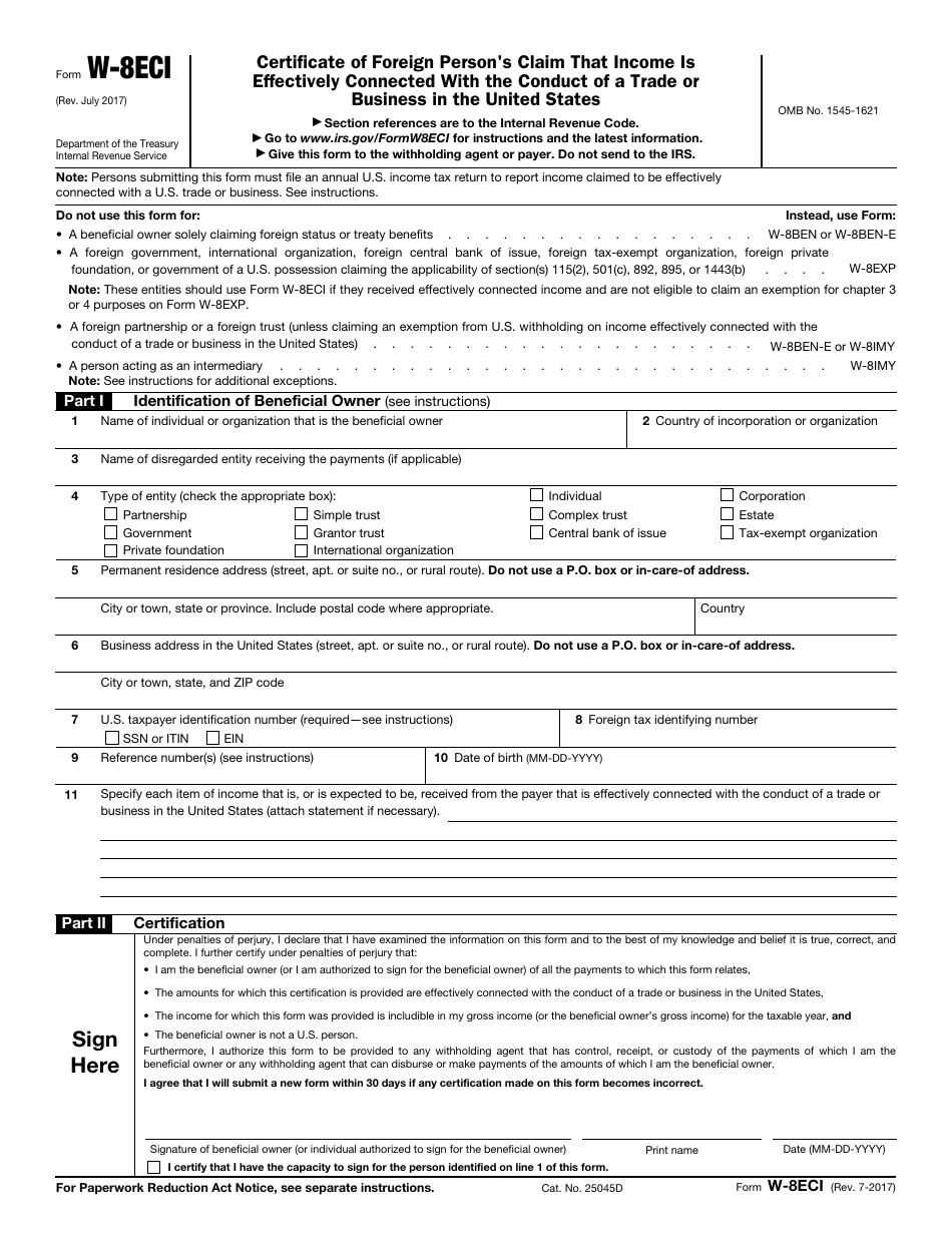 IRS Form W-8ECI Certificate of Foreign Persons Claim That Income Is Effectively Connected With the Conduct of a Trade or Business in the United States, Page 1