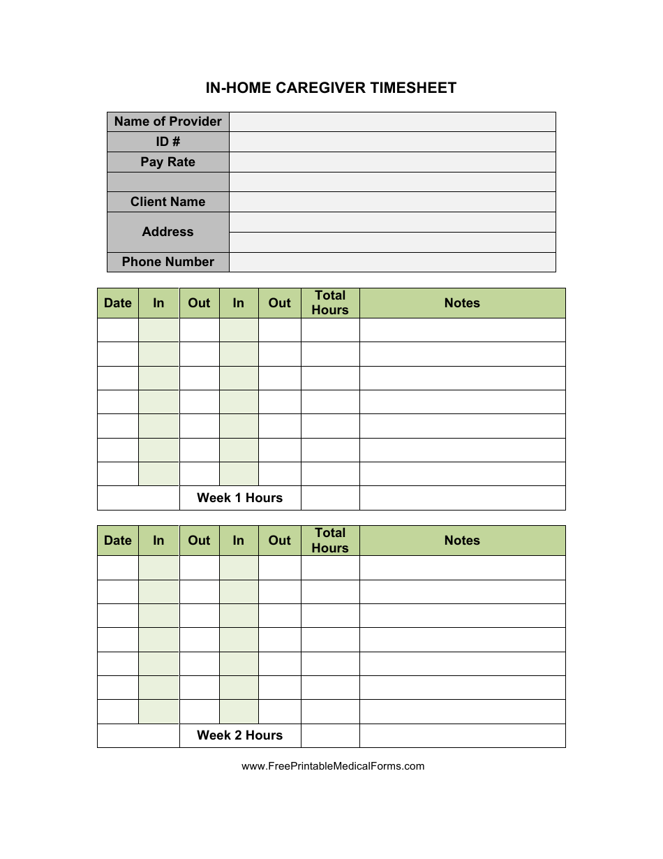 Inhome Caregiver Timesheet Template Download Printable PDF