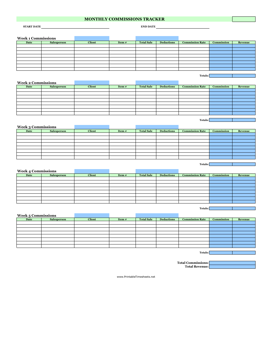 Monthly Commissions Tracker Spreadsheet Template Download Printable PDF