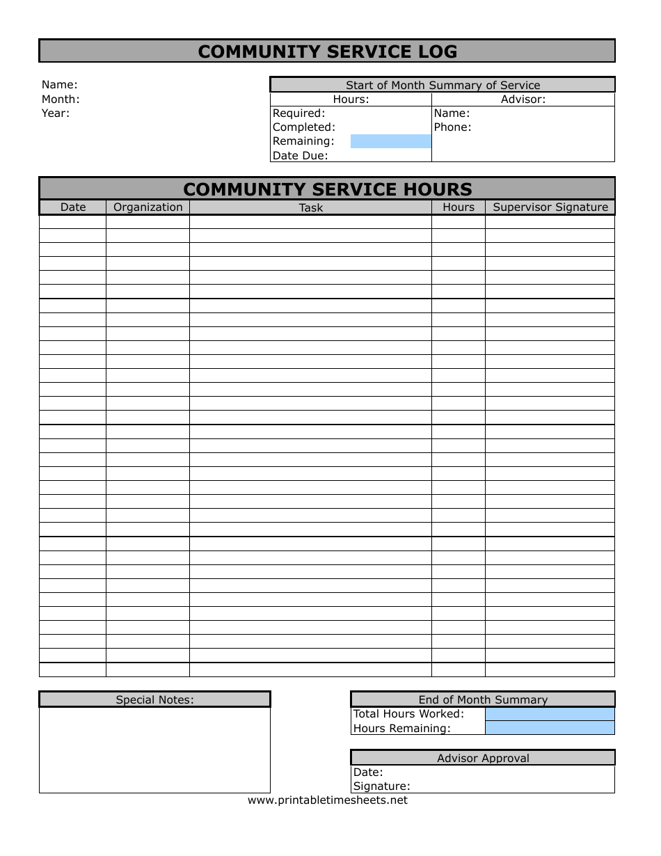 A sample of a Community Service Hours Timesheet document.