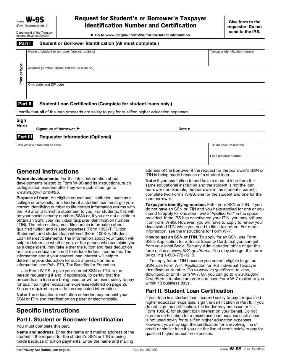 IRS Form W-9S Request for Students or Borrowers Taxpayer Identification Number and Certification, Page 1