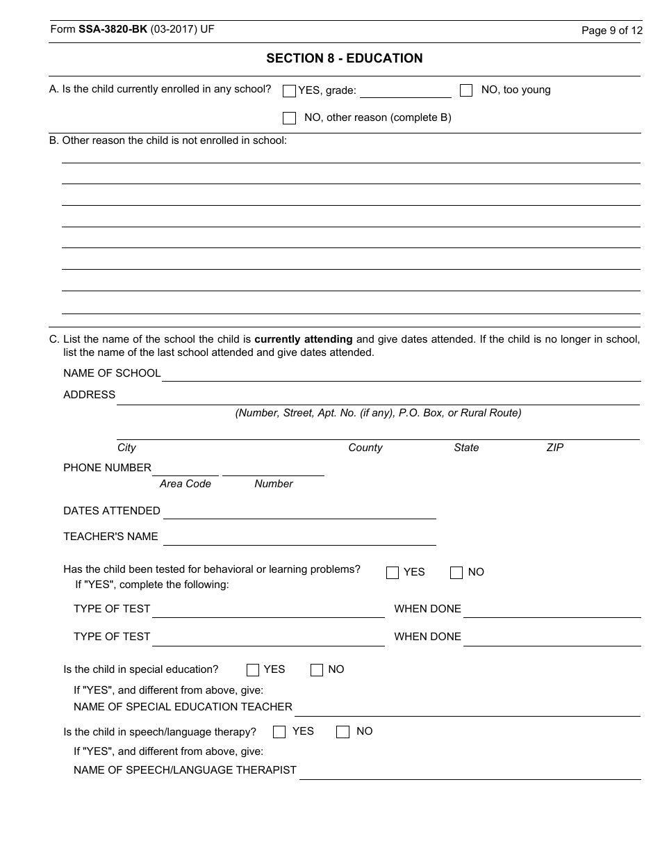 Form SSA-3820-BK Disability Report - Child, Page 11