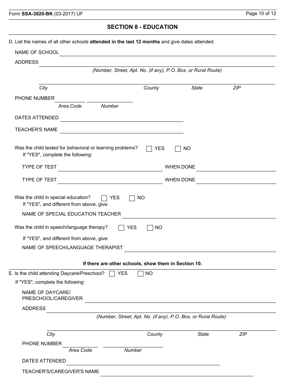 Form SSA-3820-BK Disability Report - Child, Page 12