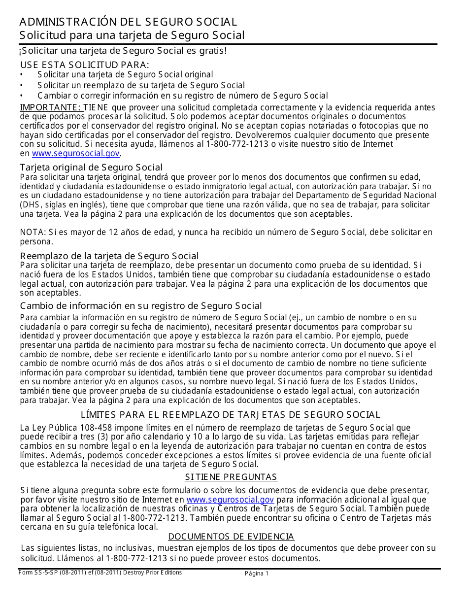 Formulario SS-5-SP Solicitud Para Una Tarjeta De Seguro Social (Spanish), Page 1