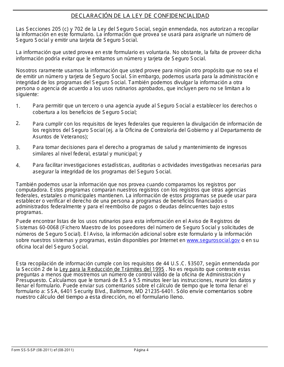 Formulario SS-5-SP Solicitud Para Una Tarjeta De Seguro Social (Spanish), Page 4