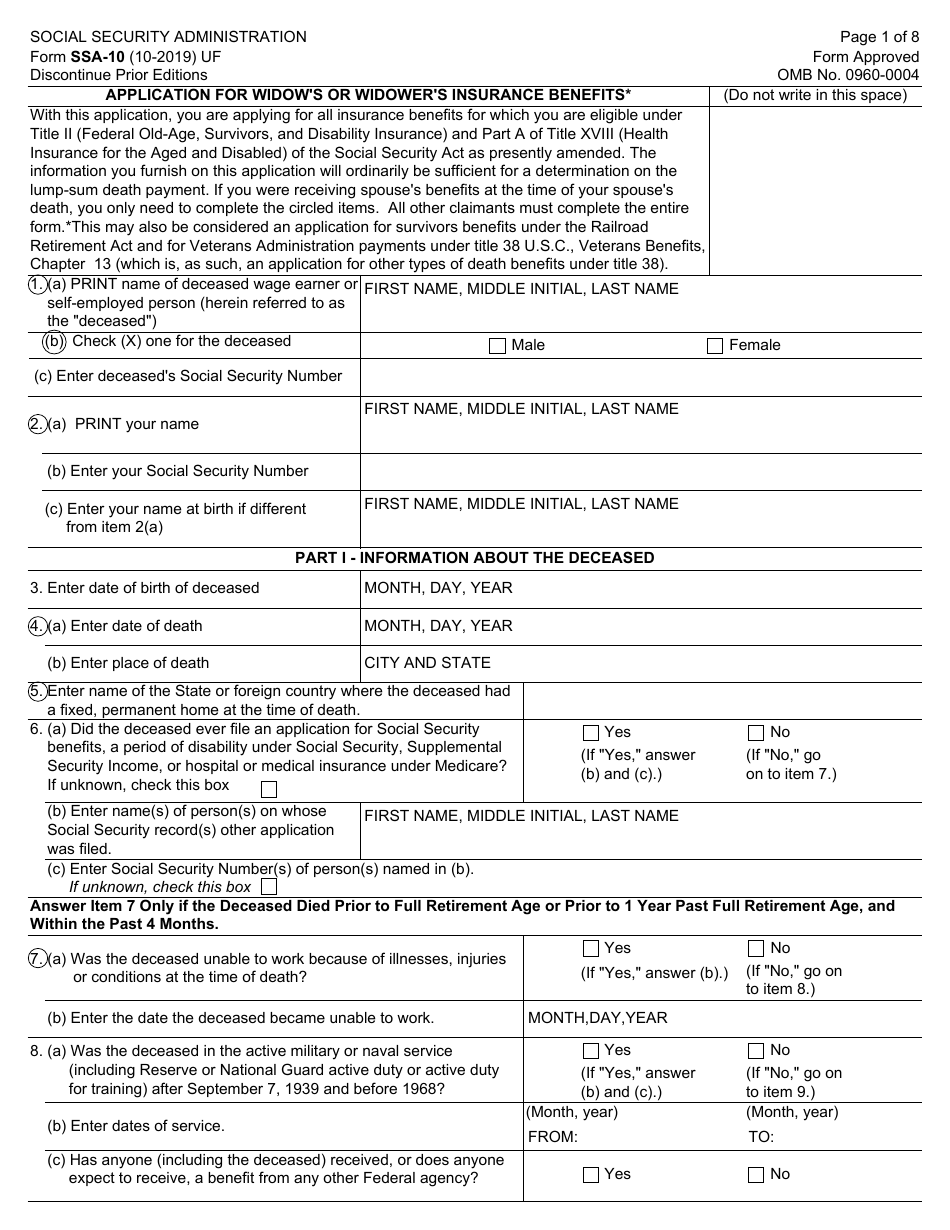 Form SSA-10 Application for Widows or Widowers Insurance Benefits, Page 1