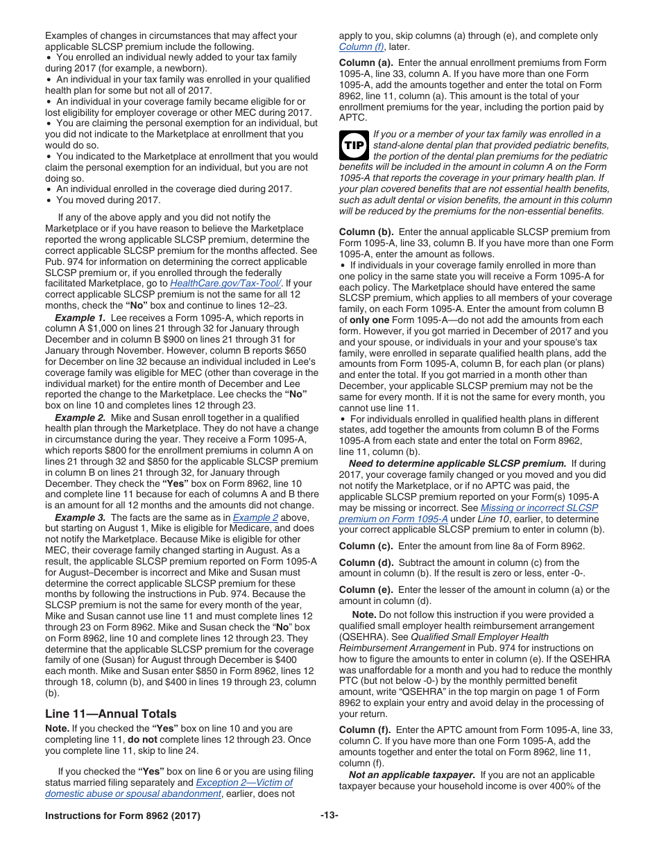 Instructions for IRS Form 8962 Premium Tax Credit (Ptc), Page 13