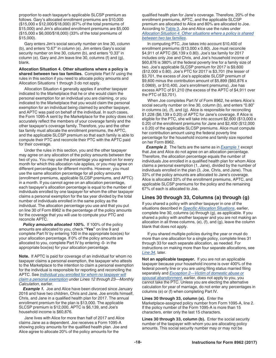 Instructions for IRS Form 8962 Premium Tax Credit (Ptc), Page 18
