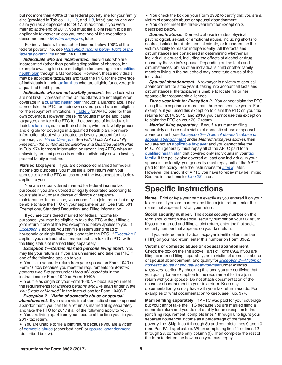 Instructions for IRS Form 8962 Premium Tax Credit (Ptc), Page 5