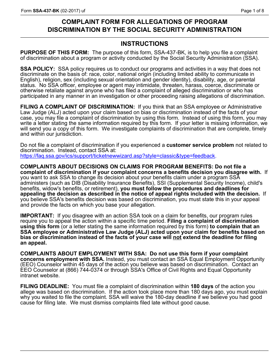 Form SSA-437-BK Complaint Form for Allegations of Discrimination in Programs or Activities Conducted by the Social Security Administration, Page 1