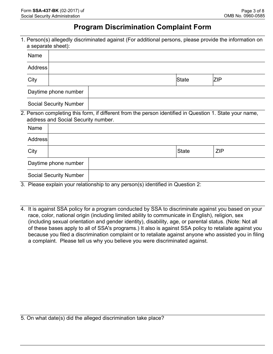 Form SSA-437-BK Complaint Form for Allegations of Discrimination in Programs or Activities Conducted by the Social Security Administration, Page 3