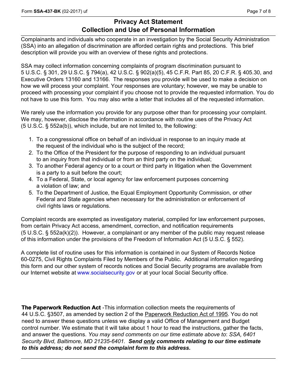 Form SSA-437-BK Complaint Form for Allegations of Discrimination in Programs or Activities Conducted by the Social Security Administration, Page 7