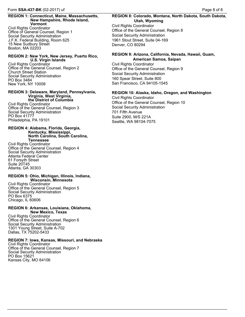 Form SSA-437-BK Complaint Form for Allegations of Discrimination in Programs or Activities Conducted by the Social Security Administration, Page 8