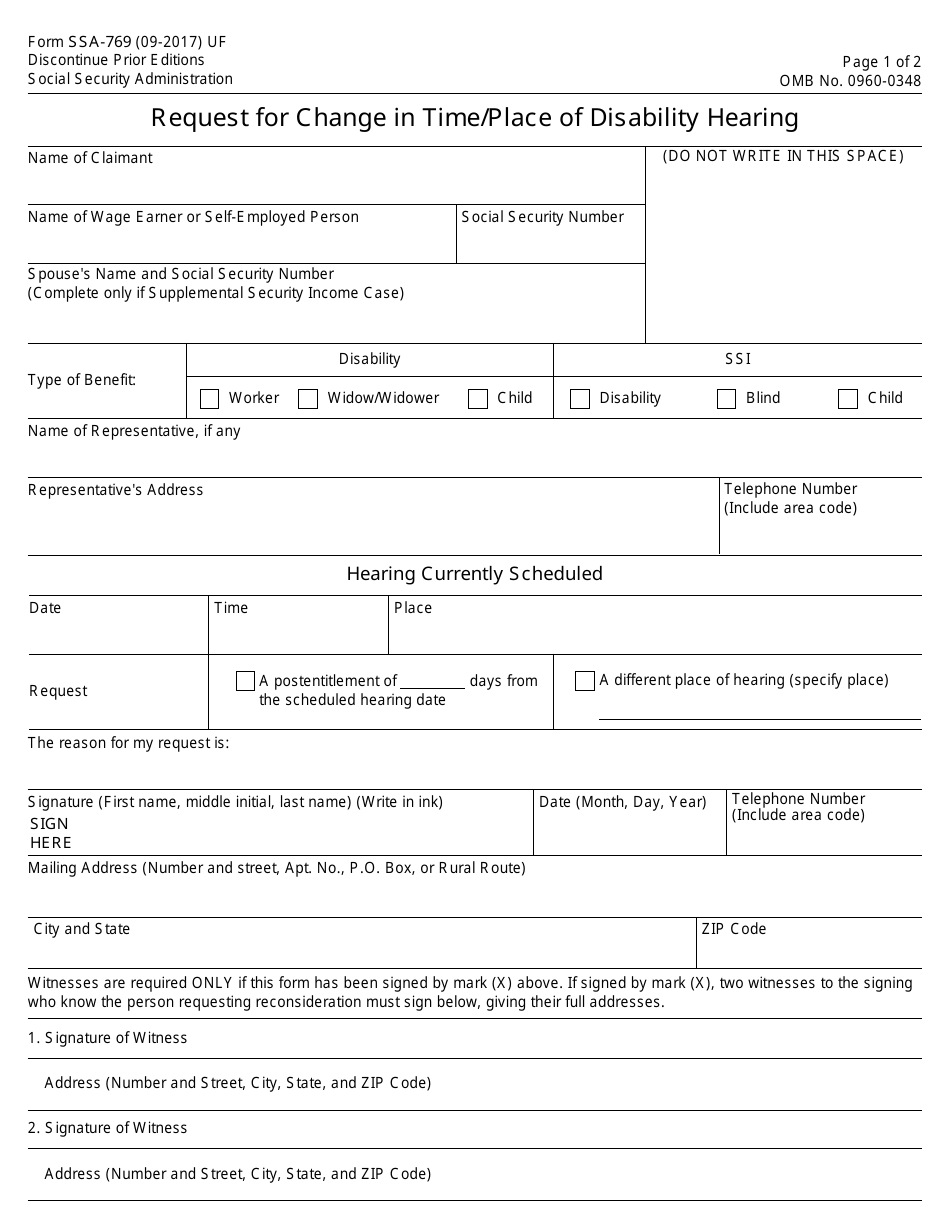 Form SSA-769 Request for Change in Time / Place of Disability Hearing, Page 1