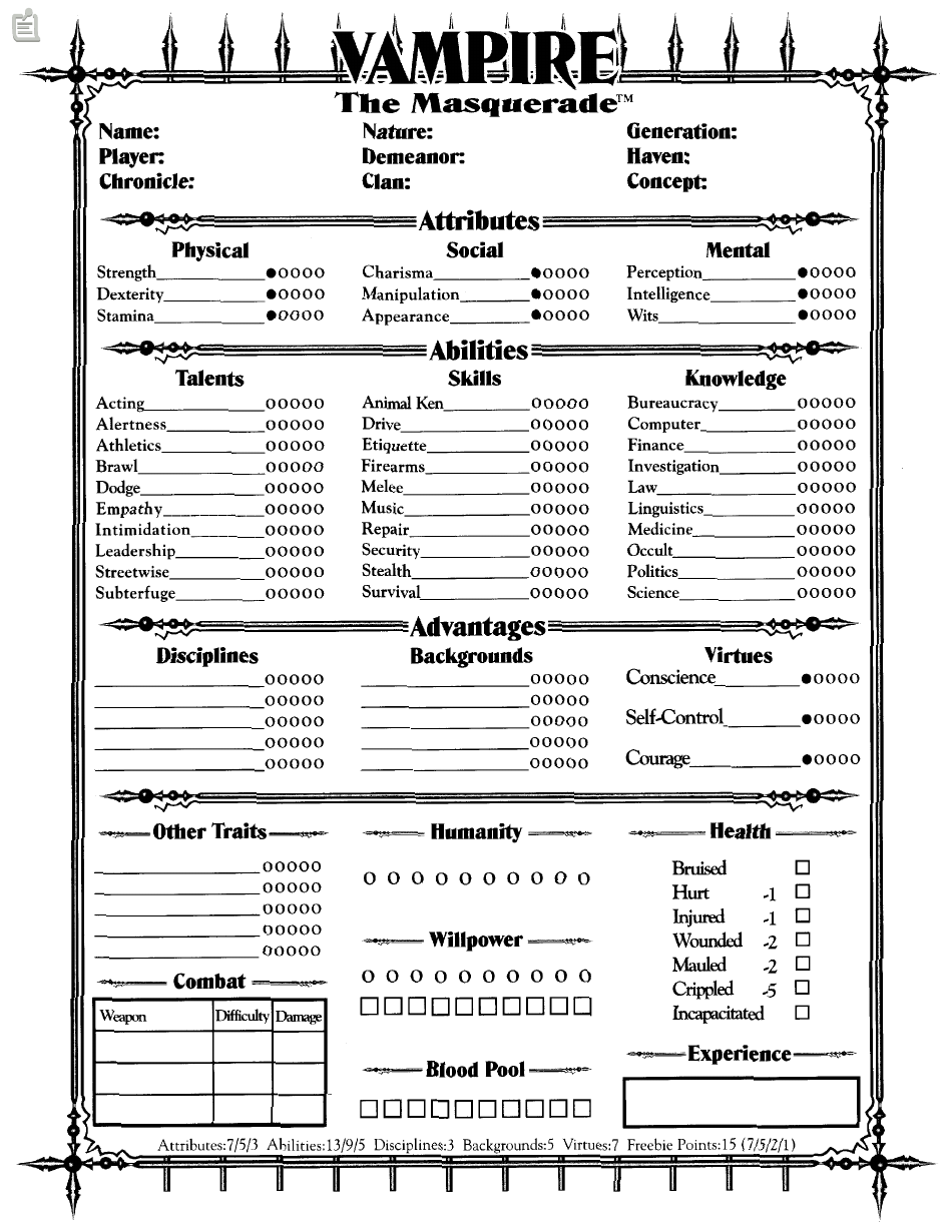 Vampire The Masquerade - 20th Anniversary Edition Character Sheet