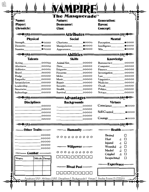 Vampire The Masquerade - 20th Anniversary Edition Character Sheet