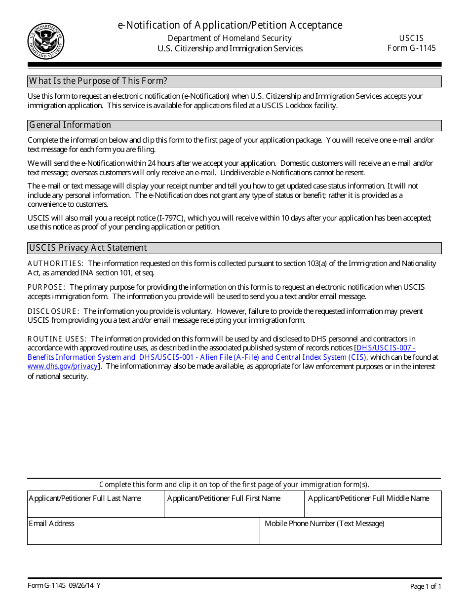 USCIS Form G-1145 E-Notification of Application / Petition Acceptance, Page 1
