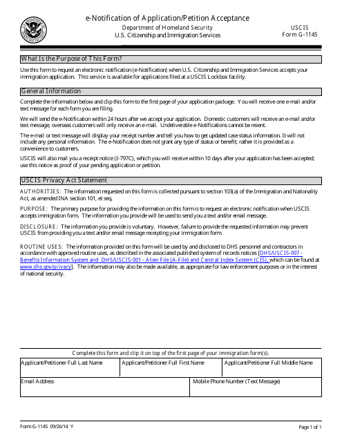 USCIS Form G-1145 2014 Printable Pdf