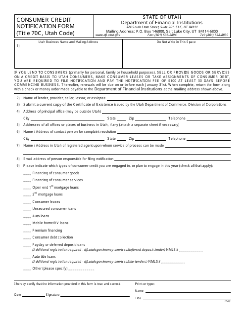Consumer Credit Notification Form - Utah Download Pdf