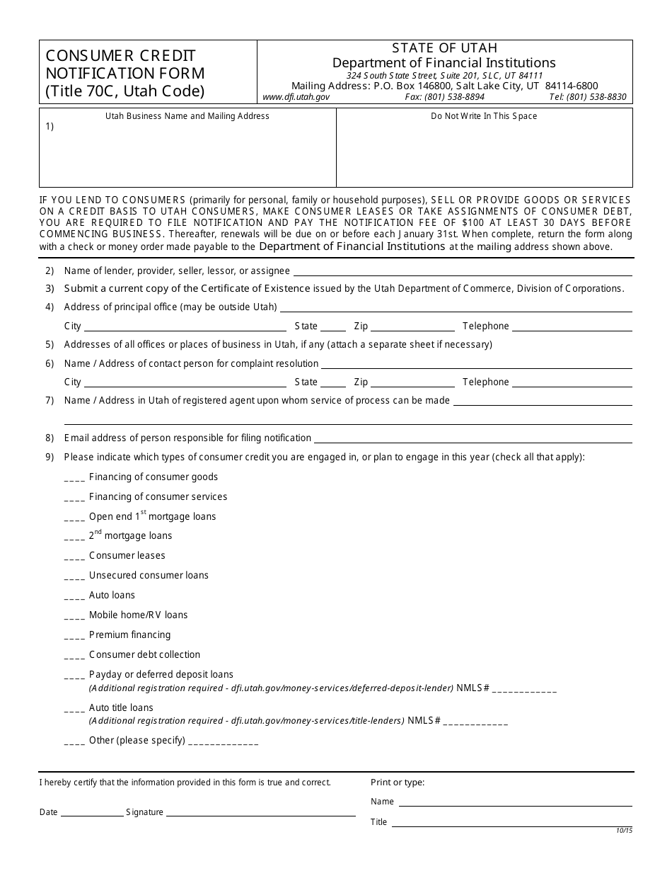Consumer Credit Notification Form - Utah, Page 1