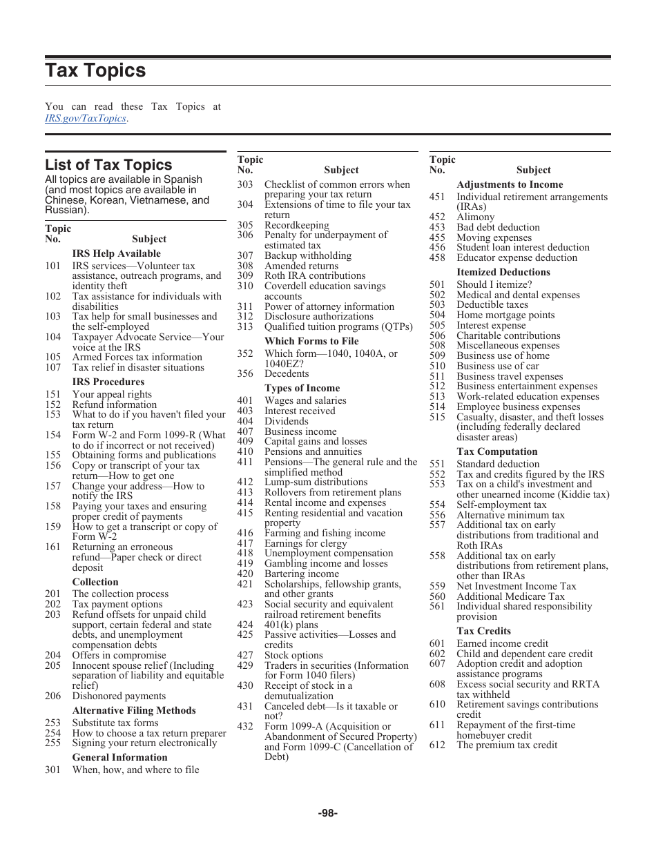 Instructions for IRS Form 1040 U.S. Individual Income Tax Return, Page 98