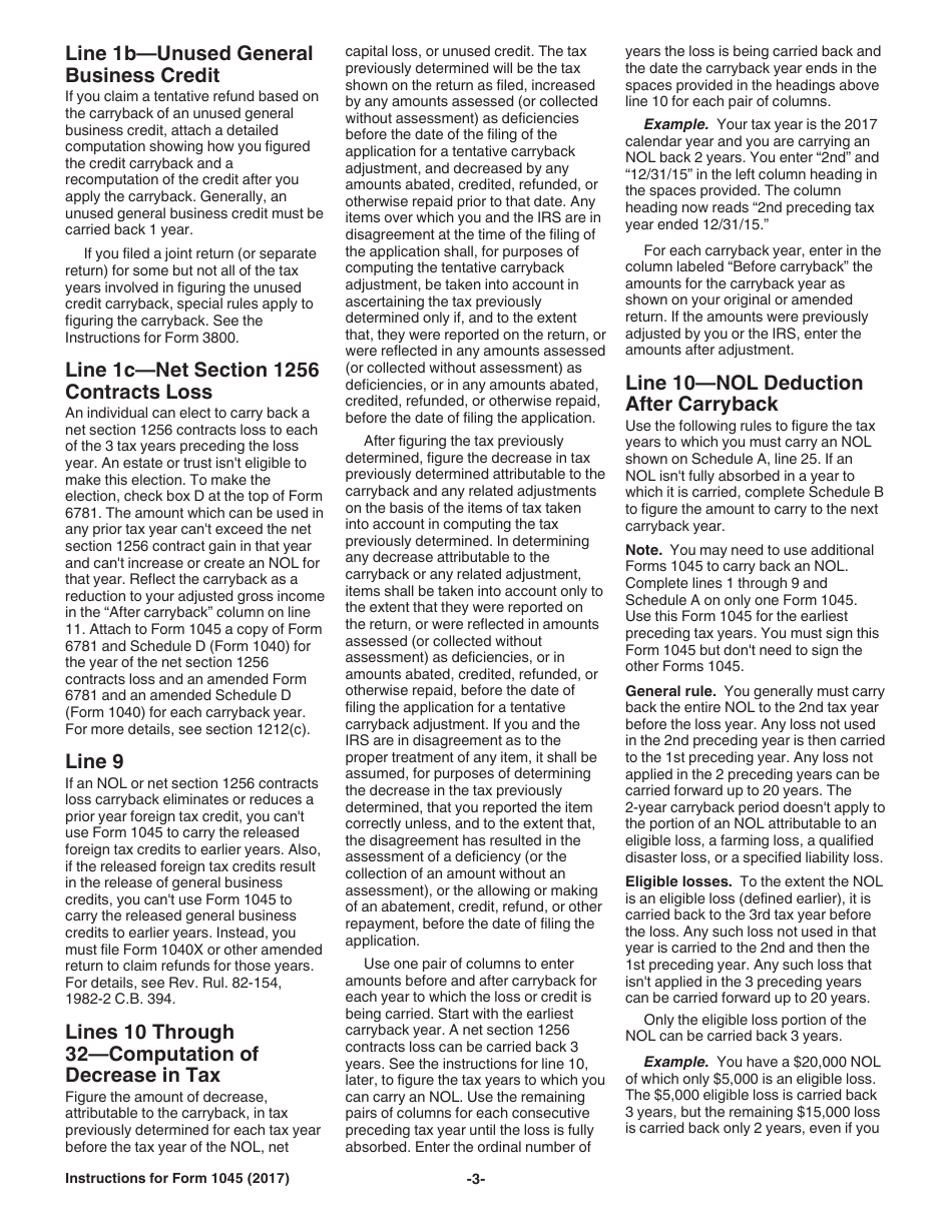 Instructions for IRS Form 1045 Application for Tentative Refund, Page 3