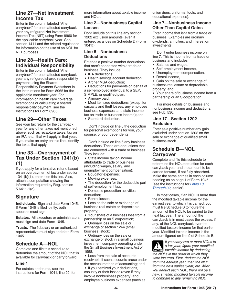 Instructions for IRS Form 1045 Application for Tentative Refund, Page 6