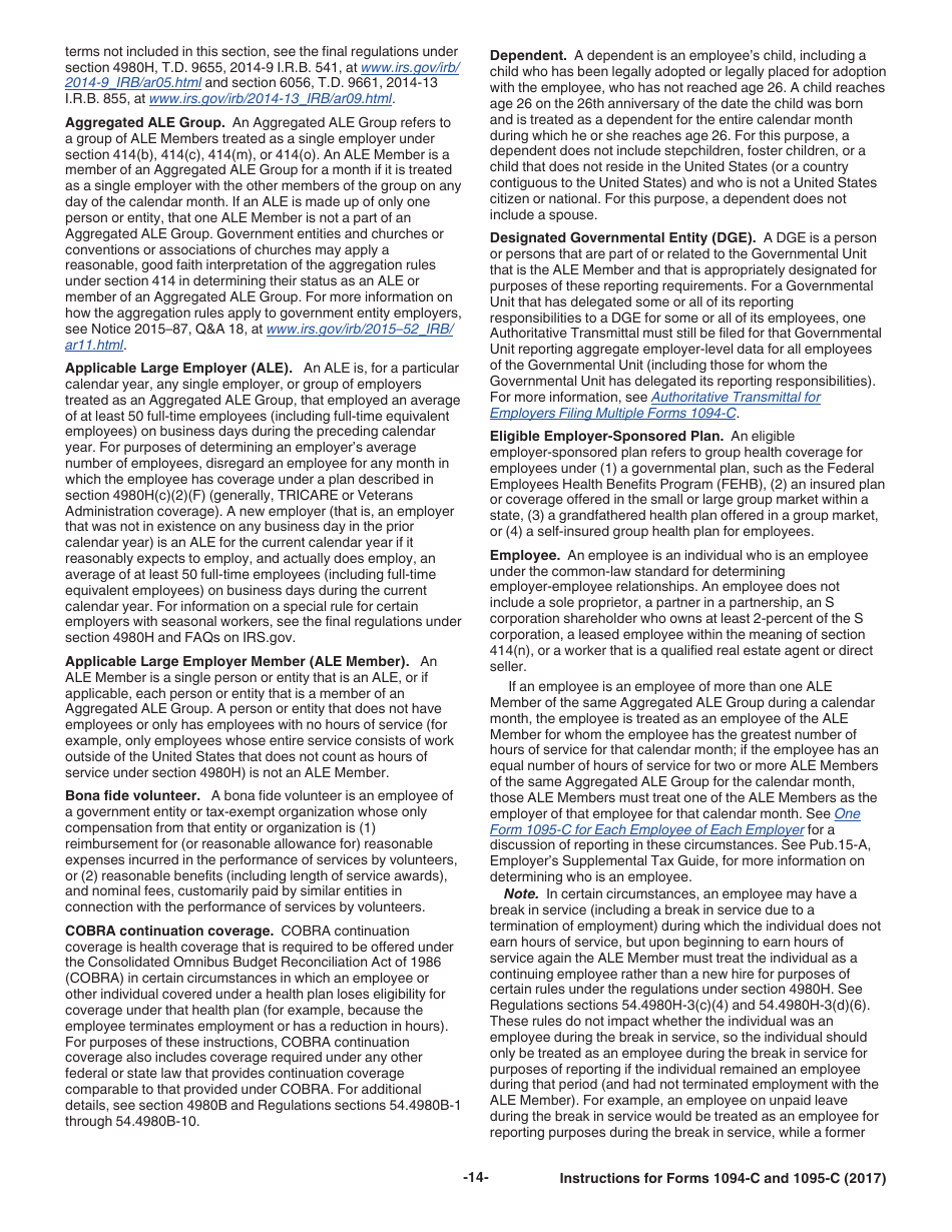 Instructions for IRS Form 1094-C, 1095-C, Page 14