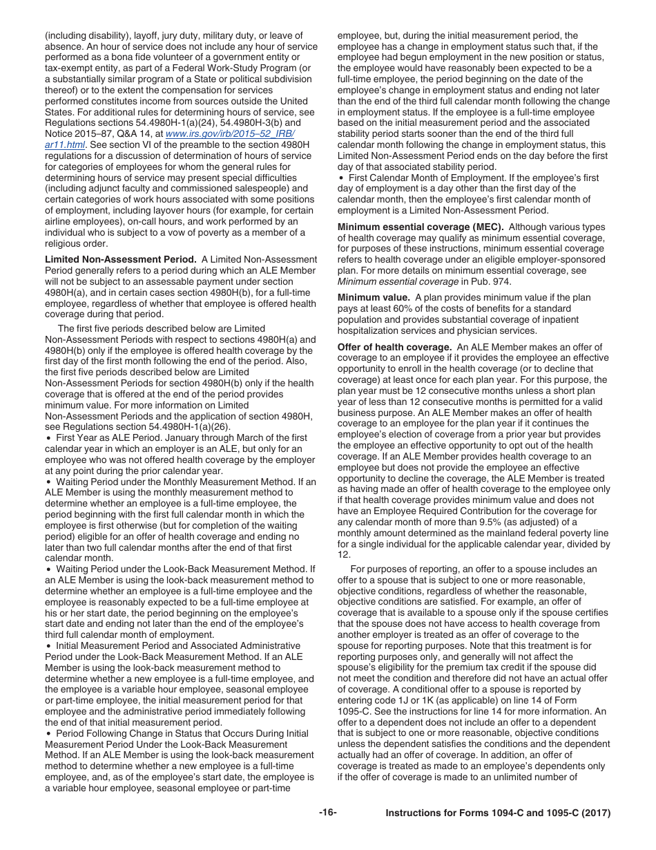Instructions for IRS Form 1094-C, 1095-C, Page 16
