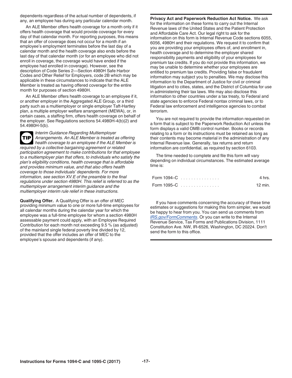 Instructions for IRS Form 1094-C, 1095-C, Page 17
