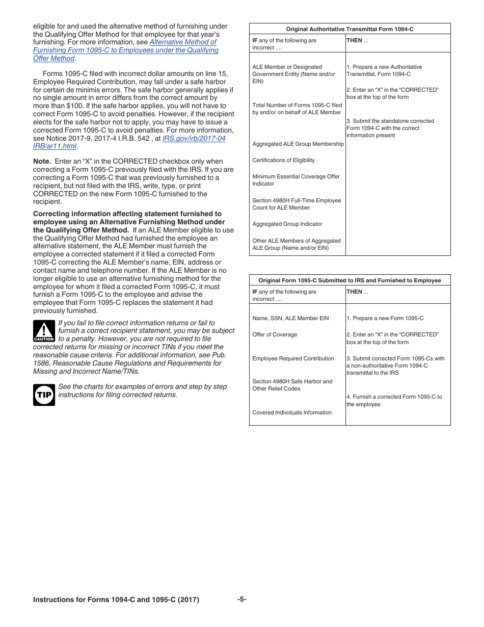 Download Instructions For IRS Form 1094-C, 1095-C PDF, 2017 ...